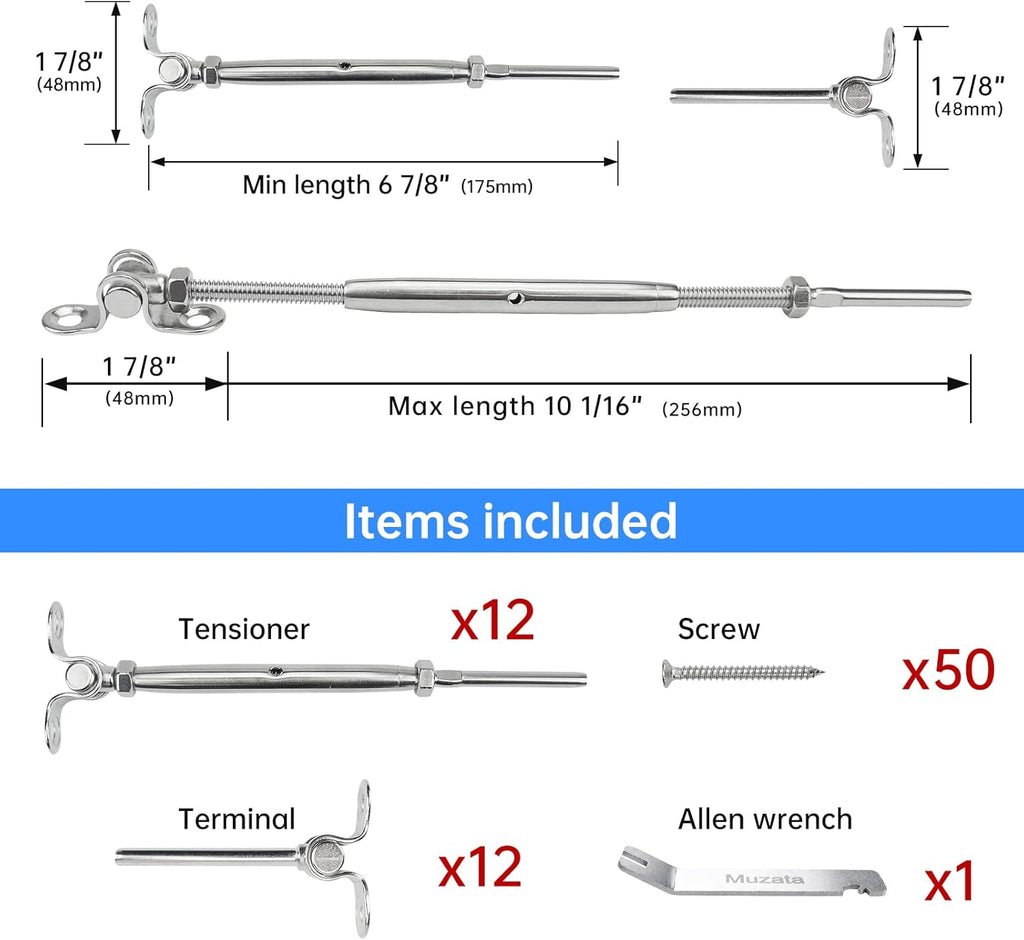 12Set Cable Railing Kit 1/8 T316 Stainless Steel Angle 180° Adjustable P9033