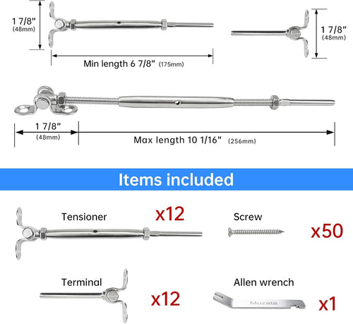12Set Cable Railing Kit 1/8 T316 Stainless Steel Angle 180° Adjustable P9033