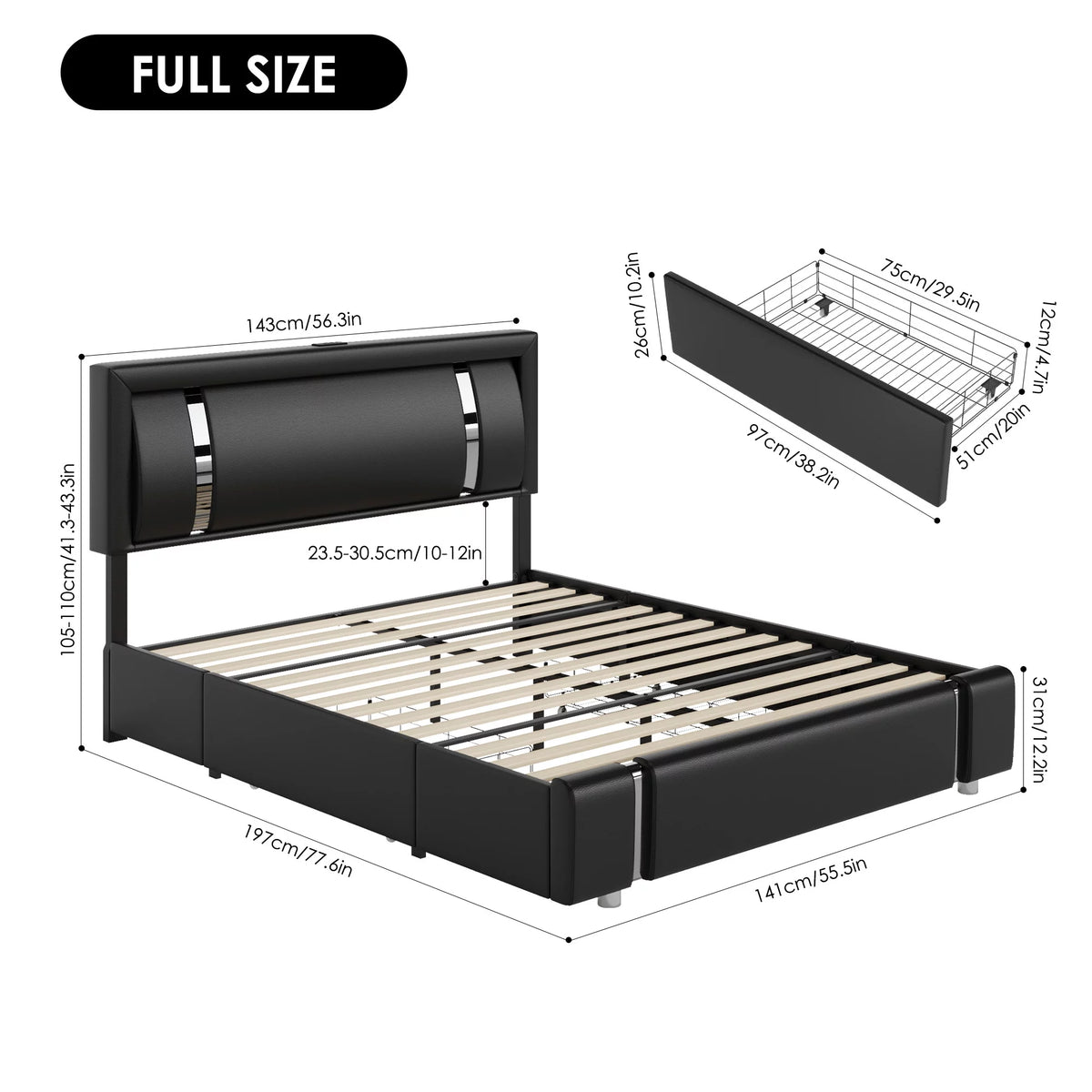 White Queen Size LED Bed Frame with 2 Storage Drawers F24069