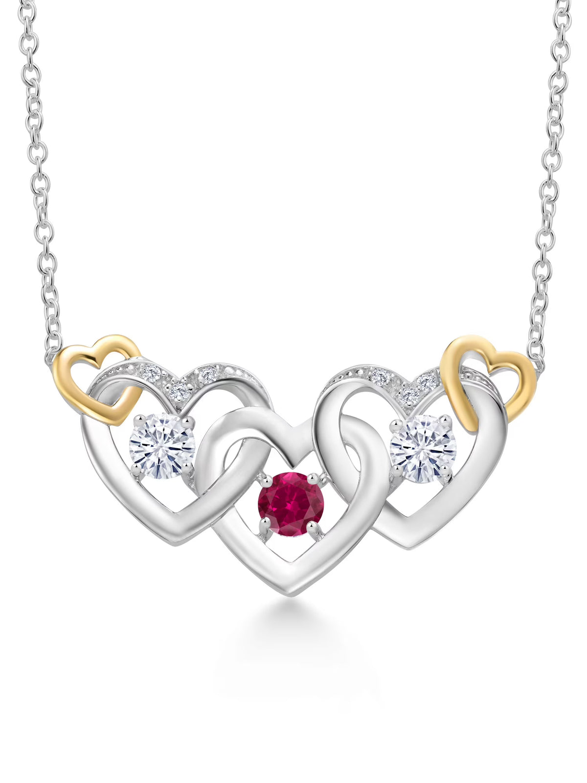 925 Silver and 10K Yellow Gold Red Created Ruby White Moissanite and White Lab Grown Diamond Heart Shape Pendant Necklace with 18 inch Chain J8377