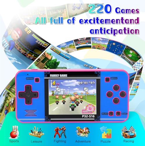 Pink Blue Handheld Game with 220 Built-in Video Games P49333