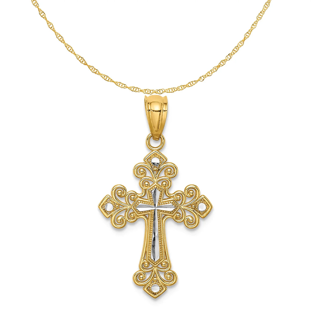 14K Two-Tone Gold Rhodium Plated Diamond Cut Cross Pendant With 14K Yellow Gold Rope Chain 20" C202588