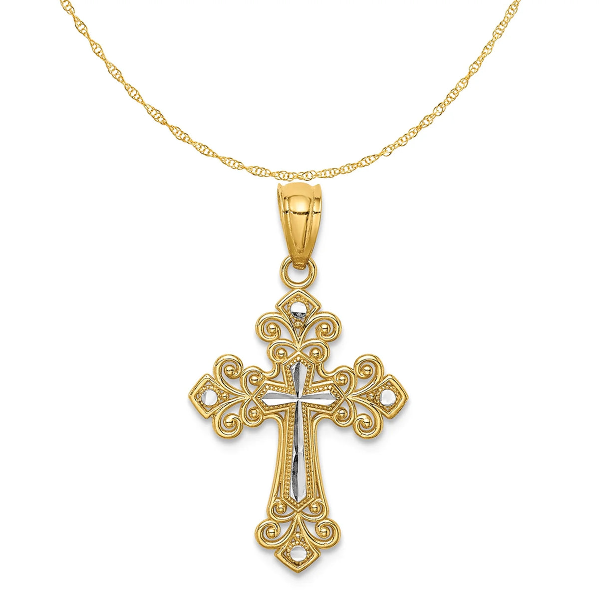 14K Two-Tone Gold Rhodium Plated Diamond Cut Cross Pendant With 14K Yellow Gold Rope Chain 20" C202588