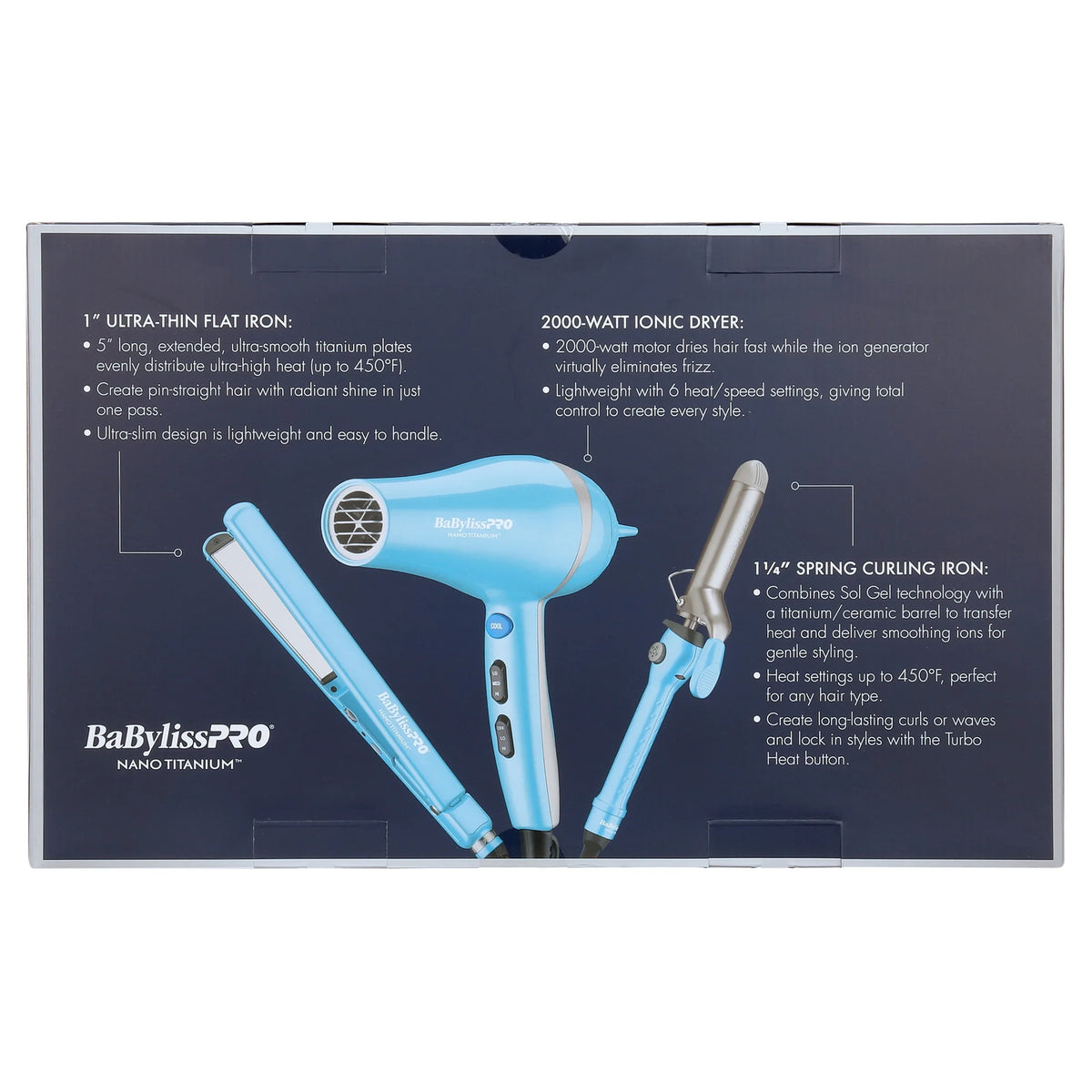 1 1/4" Spring Curling Iron, 1" Ultra-Thin Flat Iron, and Ionic Dryer Trio I9808
