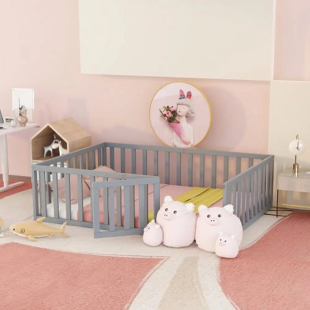 Full Size Wood Floor Bed with Fence Guardrails and Support Slats B48074