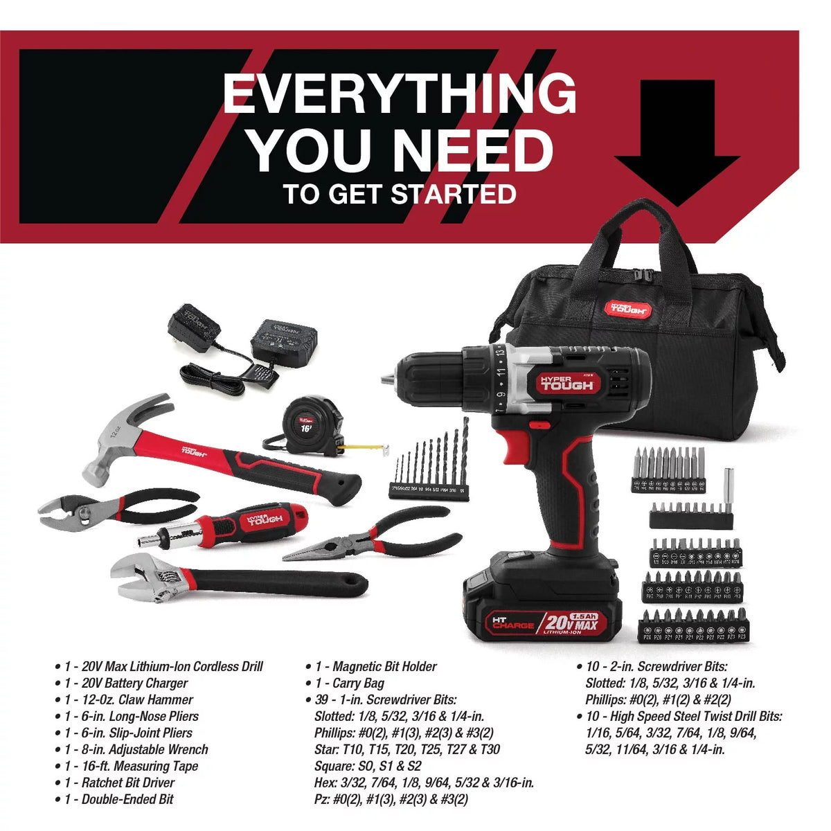 20V Max Lithium-Ion 3/8 inch Cordless Drill 70-Piece Home Tool Set W758