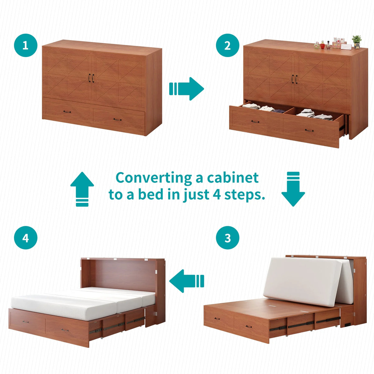 Queen Murphy Bed Cabinet with Charging Station and Memory Foam Mattress X542