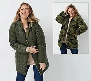 Reversible Faux Fur and Water Resistant Jacket, Size 3X, Olive/Camo N8533