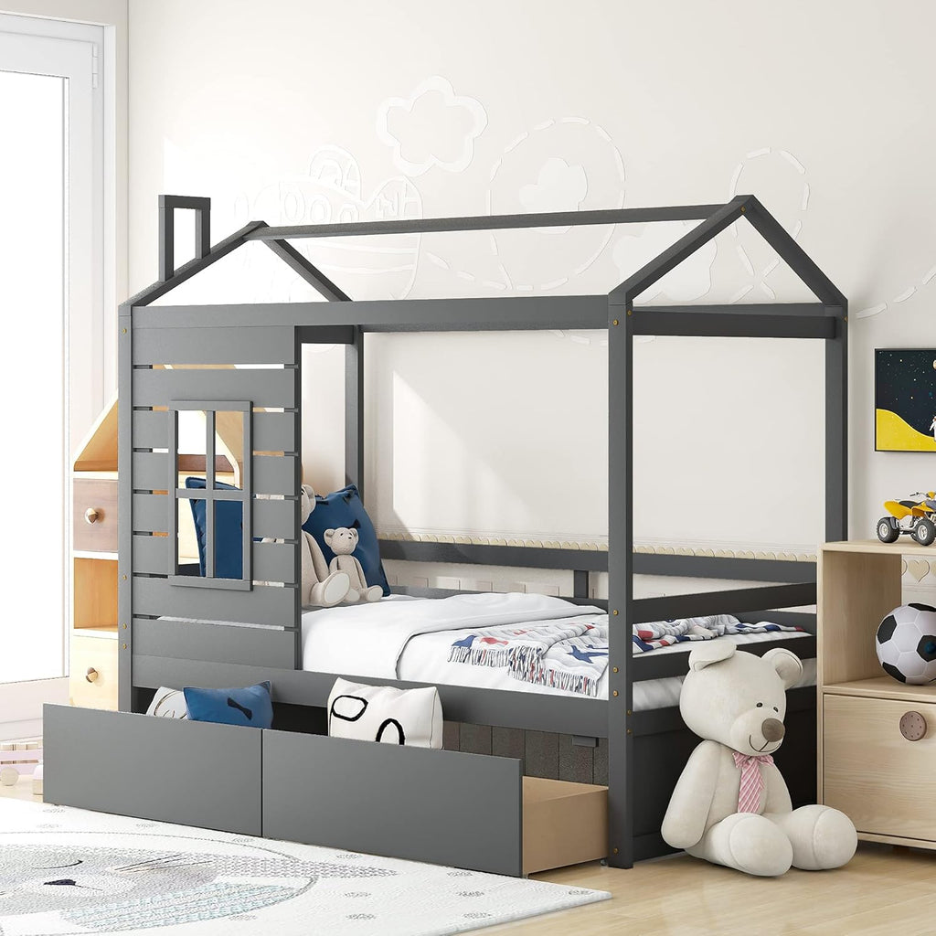 White Twin House Shape Wooden Floor Bed with Trundle O243352