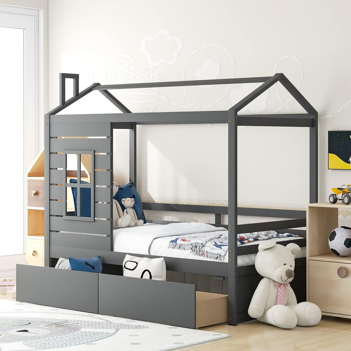 White Twin House Shape Wooden Floor Bed with Trundle O243352