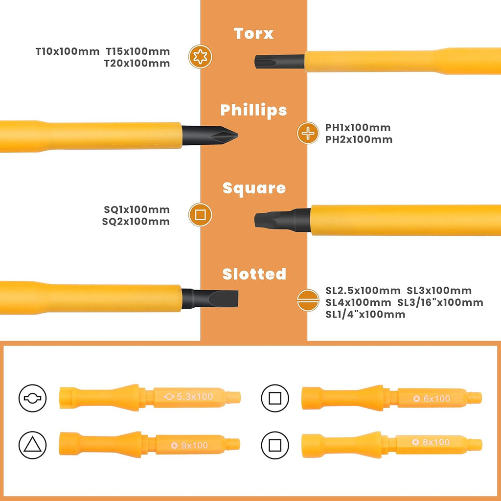 20-in-1 1000V Insulated Screwdriver Set, 12-Pcs Magnetic Phillips Slotted Square Torx Screwdriver, 4-Pcs Cabinet Utility Key & Tool Bag Q875171