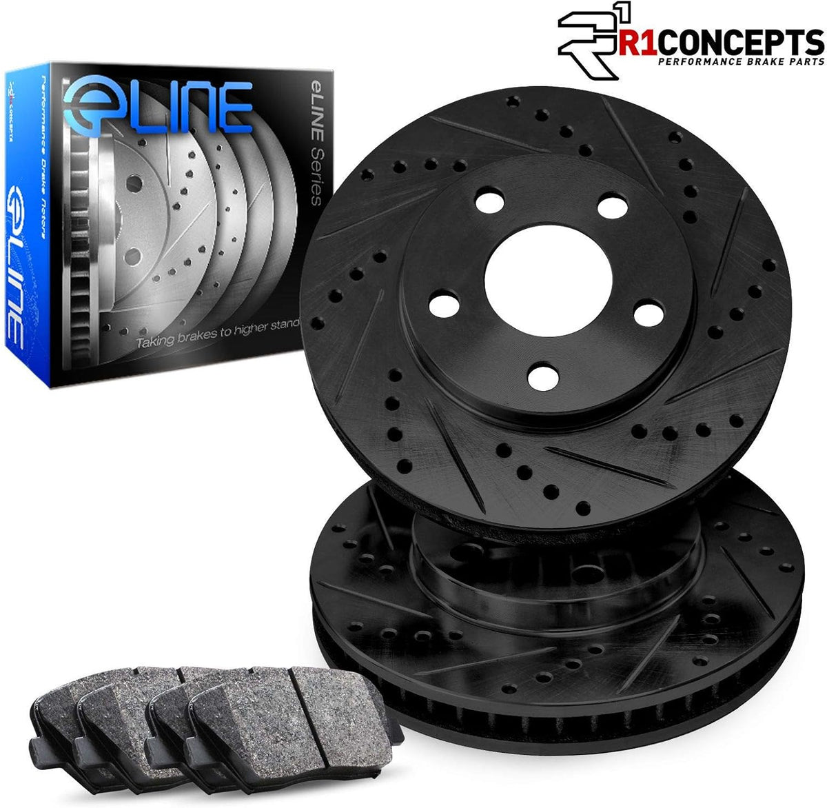 Black Drilled and Slotted Brake Rotors with Semi-Metallic Brake Pads K3777