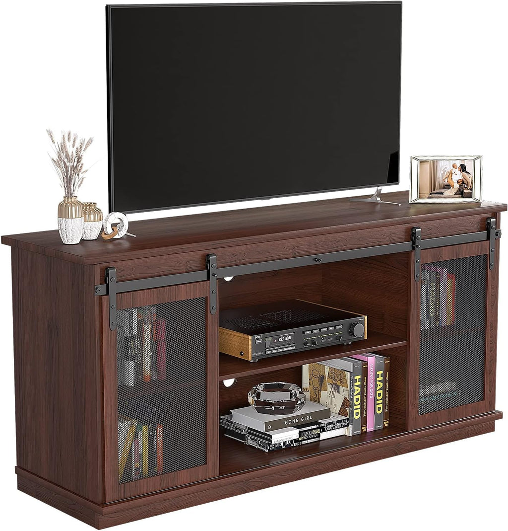 Farmhouse TV Stand with Sliding Barn Doors and Storage Cabinets (Brown) K914