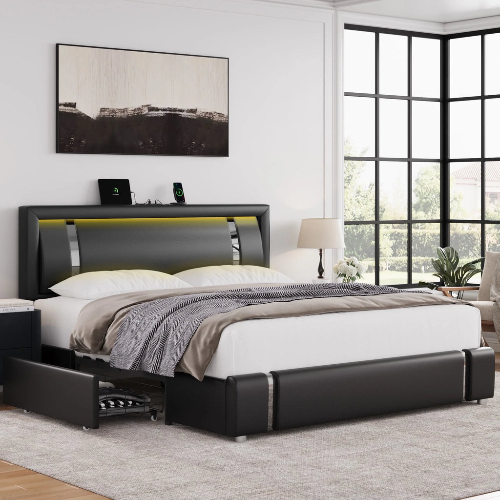 White Queen Size LED Bed Frame with 2 Storage Drawers F24069