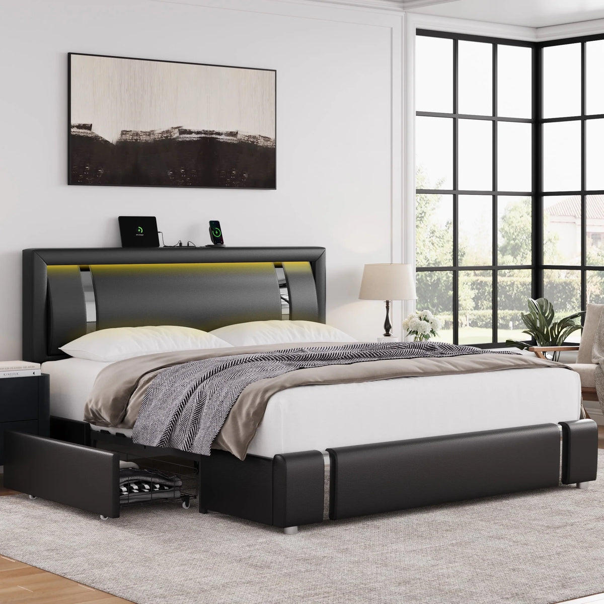 White Queen Size LED Bed Frame with 2 Storage Drawers F24069