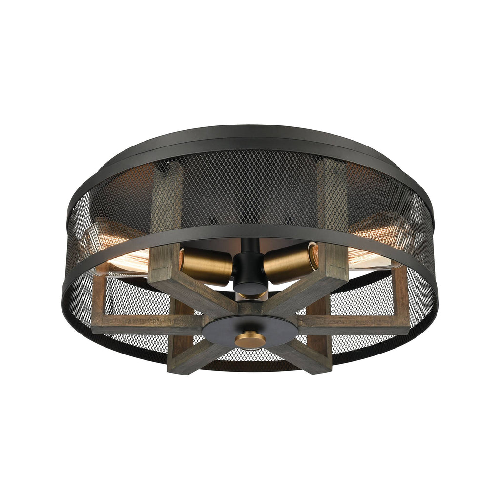 3-Light Flush Mount in Weathered Oak and Aged Brass with Matte Black Metal R196