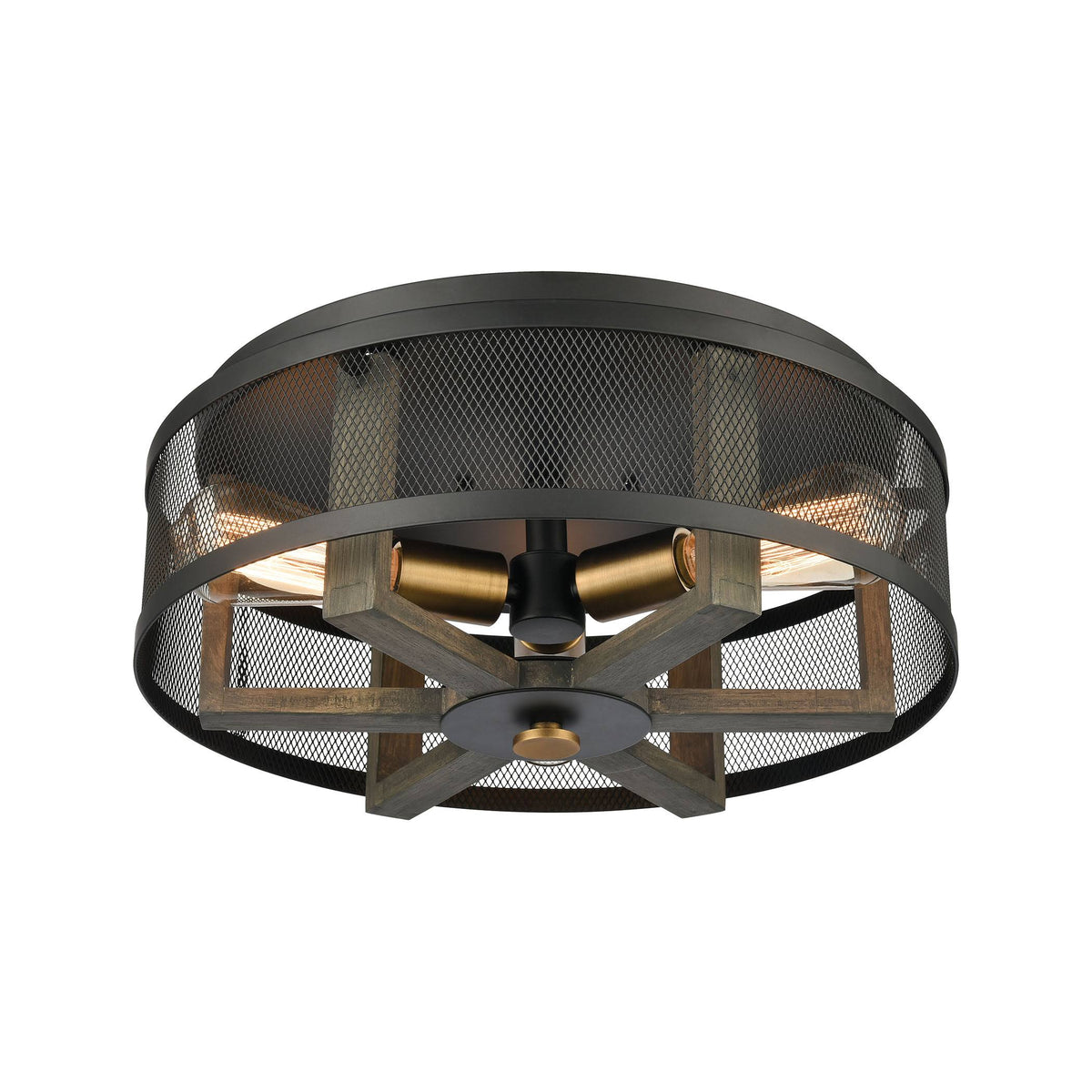 3-Light Flush Mount in Weathered Oak and Aged Brass with Matte Black Metal R196