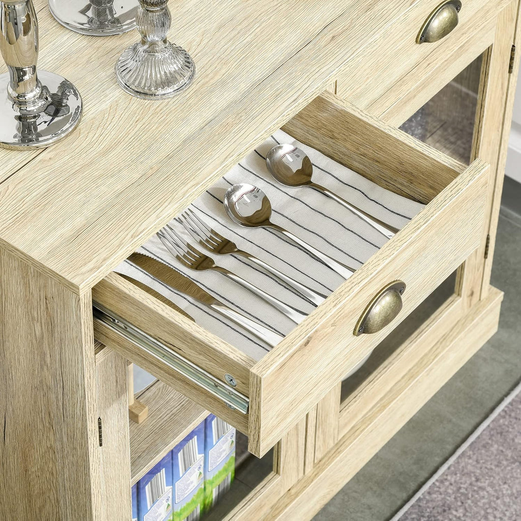 Rustic Oak Sideboard Storage Cabinet with 2 Glass Doors and 2 Drawers T737