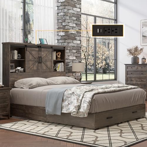 King Size Wood Platform Bed Frame with Bookcase Headboard and 2 Drawers F362