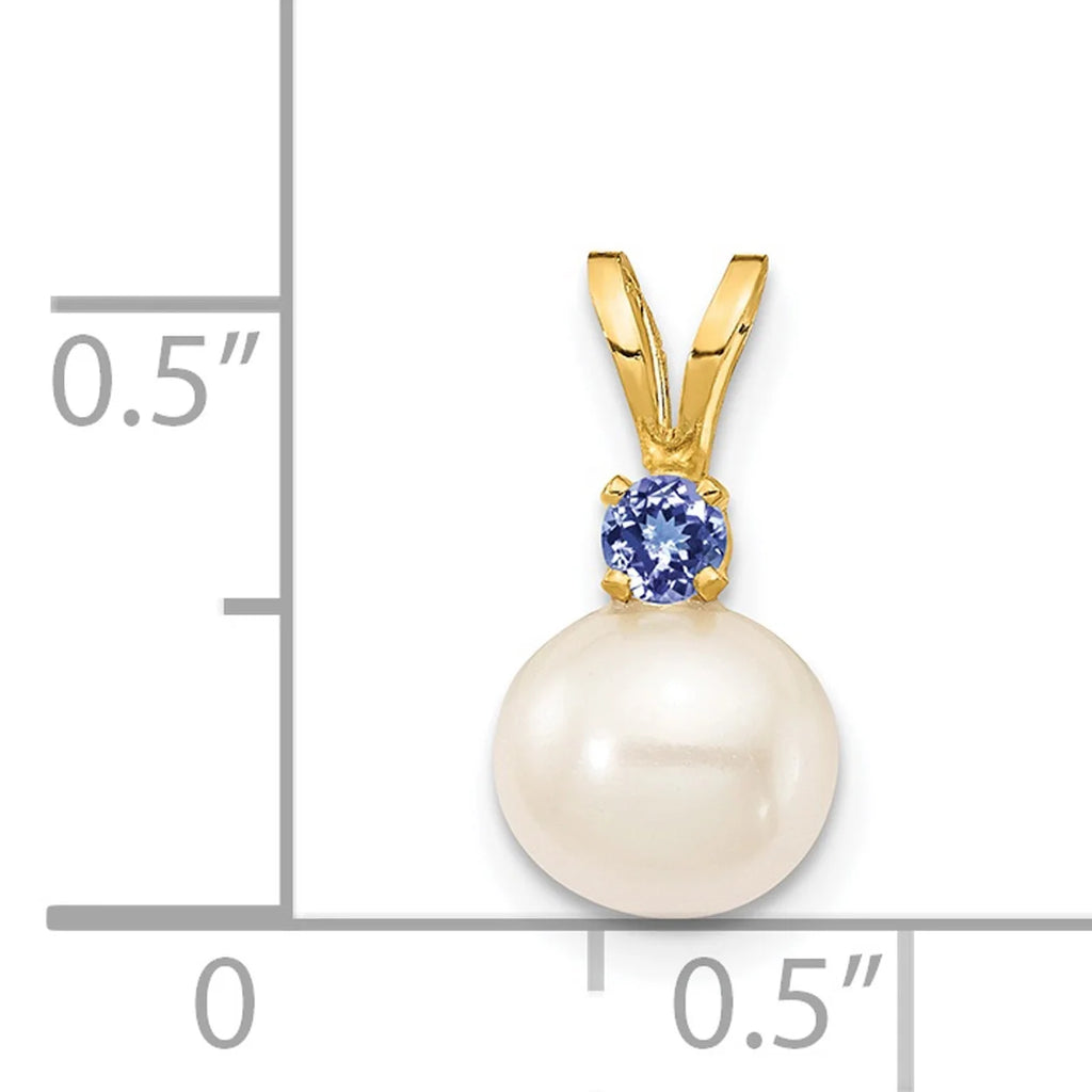 14K Yellow Gold Fresh-Water-Cultured Pearl Tanzanite Pendant Charm with Rope Chain Necklace 16'' P3996