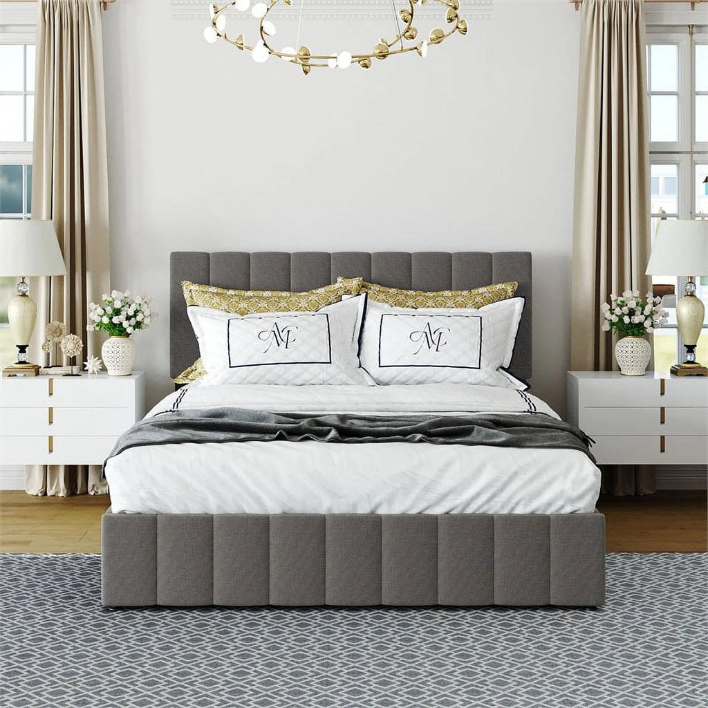 Twin Wood Platform Bed with Fabric Upholstery in Gray T799686