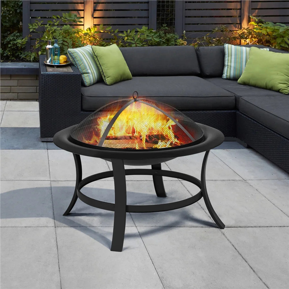 Black Iron Fire Pit with Spark Screen and Wood Grate S71558