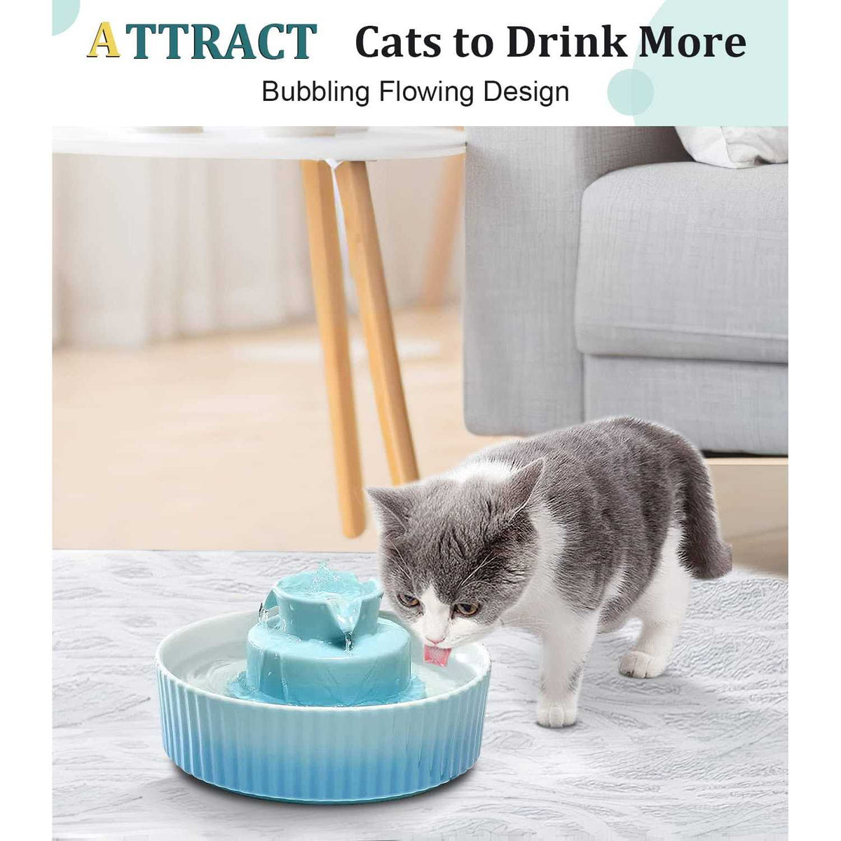 Ceramic Cat Water Fountain, 2.1 L Drinking Fountain Bowl R698854