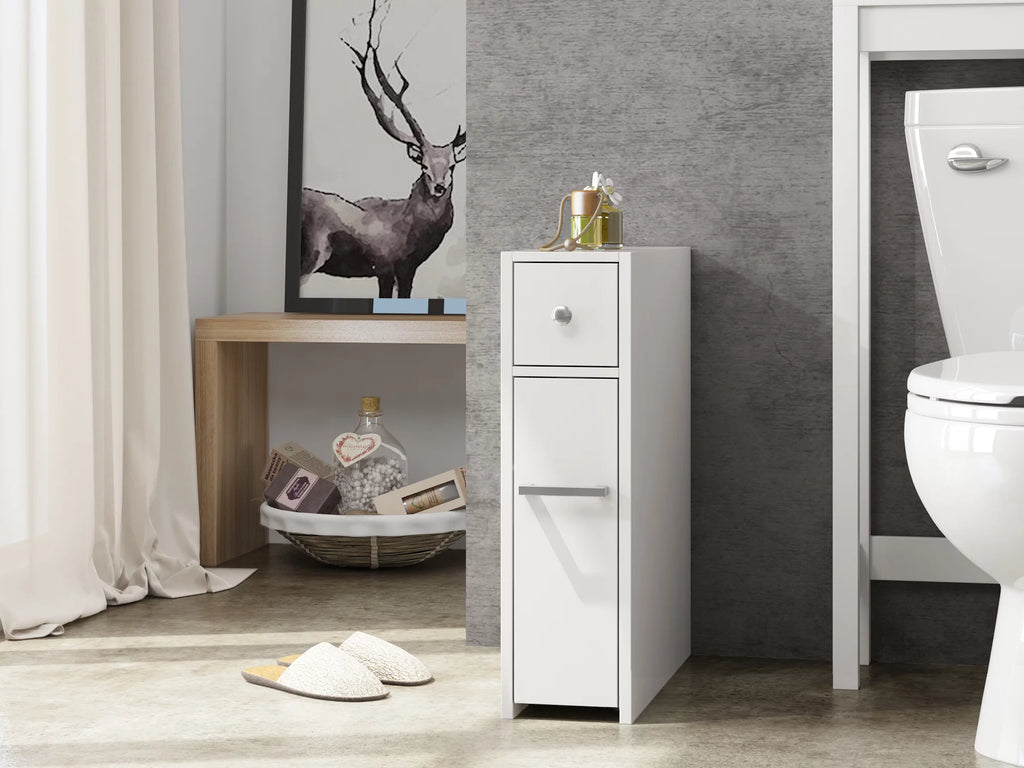 Slim White Bathroom Storage Cabinet with Slide Out Drawer W86925