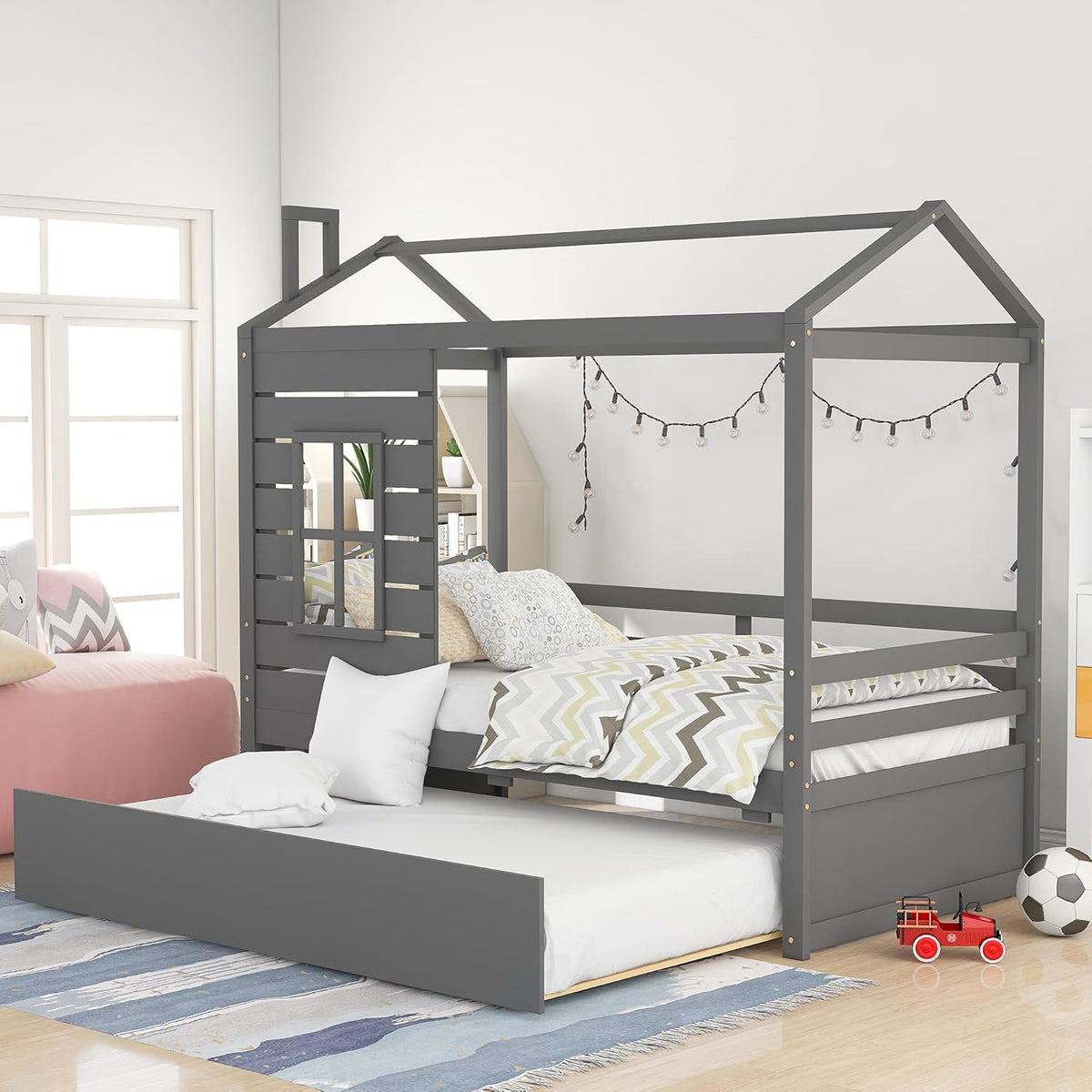 White Twin House Shape Wooden Floor Bed with Trundle O243352