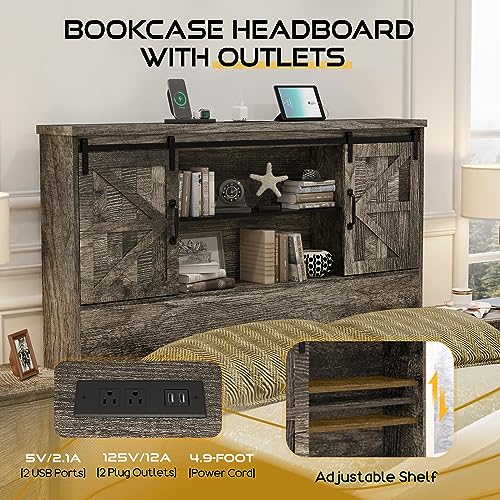King Size Wood Platform Bed Frame with Bookcase Headboard and 2 Drawers F362