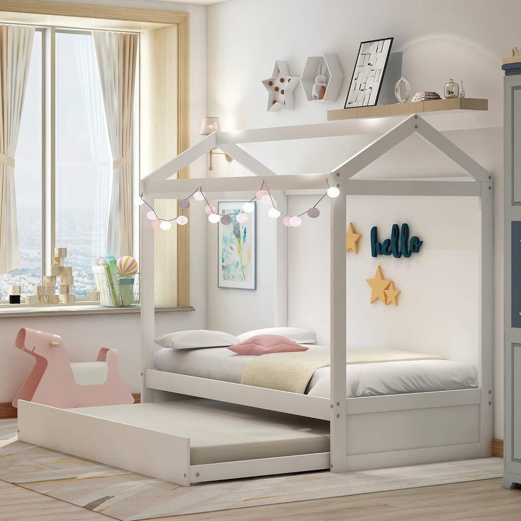 White Twin House Shape Wooden Floor Bed with Trundle O243352