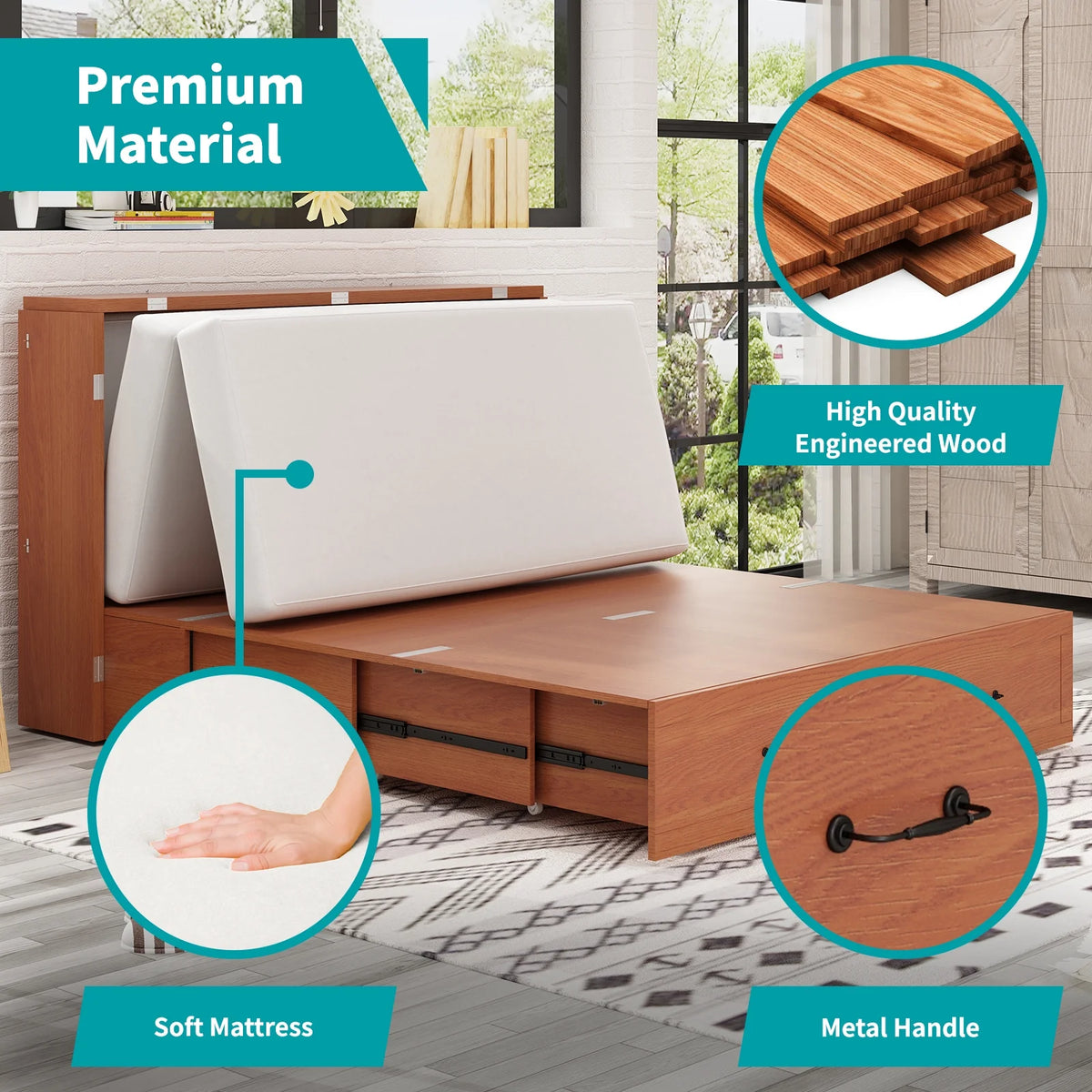 Queen Murphy Bed Cabinet with Charging Station and Memory Foam Mattress X542