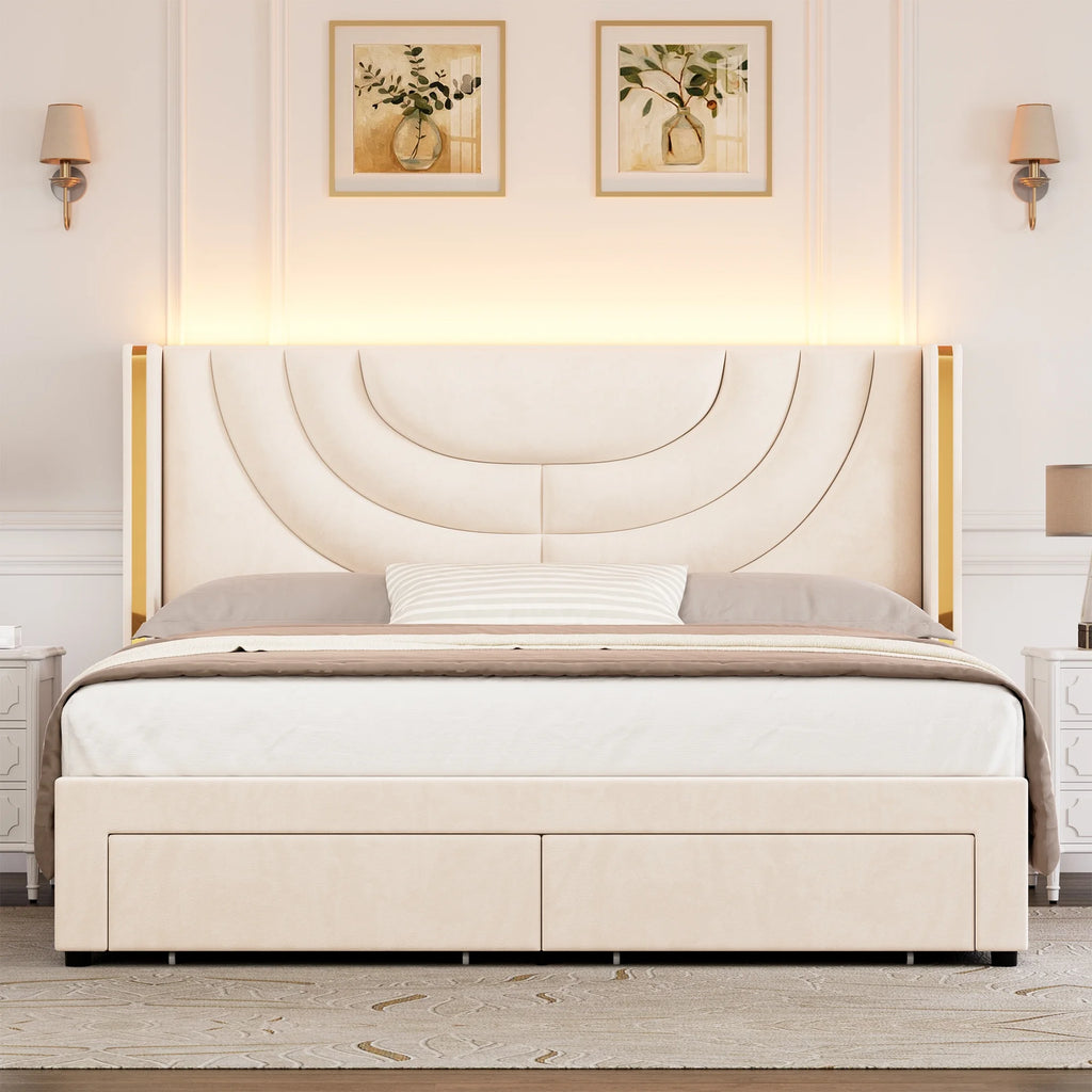 Full Size Velvet Upholstered Platform Bed Frame with 2 Drawers E30159