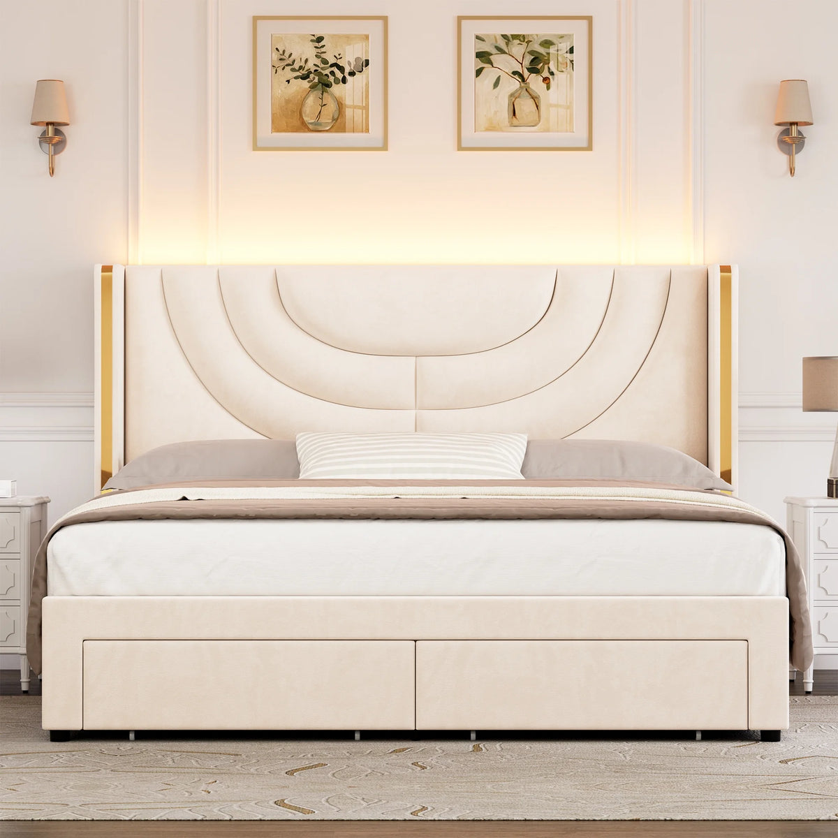 Full Size Velvet Upholstered Platform Bed Frame with 2 Drawers E30159