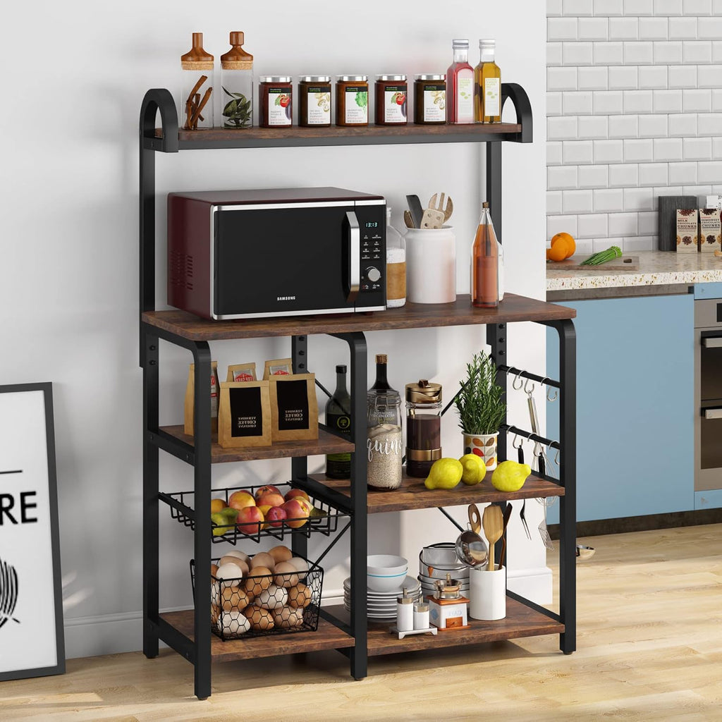 White Industrial Kitchen Cart with Wire Basket and 6 Hooks L574978