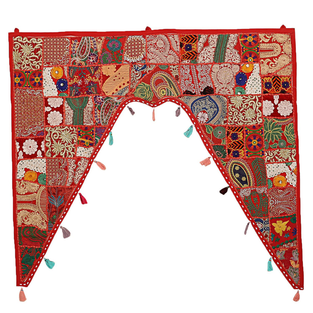 Indian Cotton Embroidered Patch Work Floral Swag Curtain Topper, 45 x 41 Inches O6834