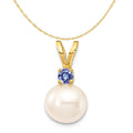 14K Yellow Gold Fresh-Water-Cultured Pearl Tanzanite Pendant Charm with Rope Chain Necklace 16'' P3996