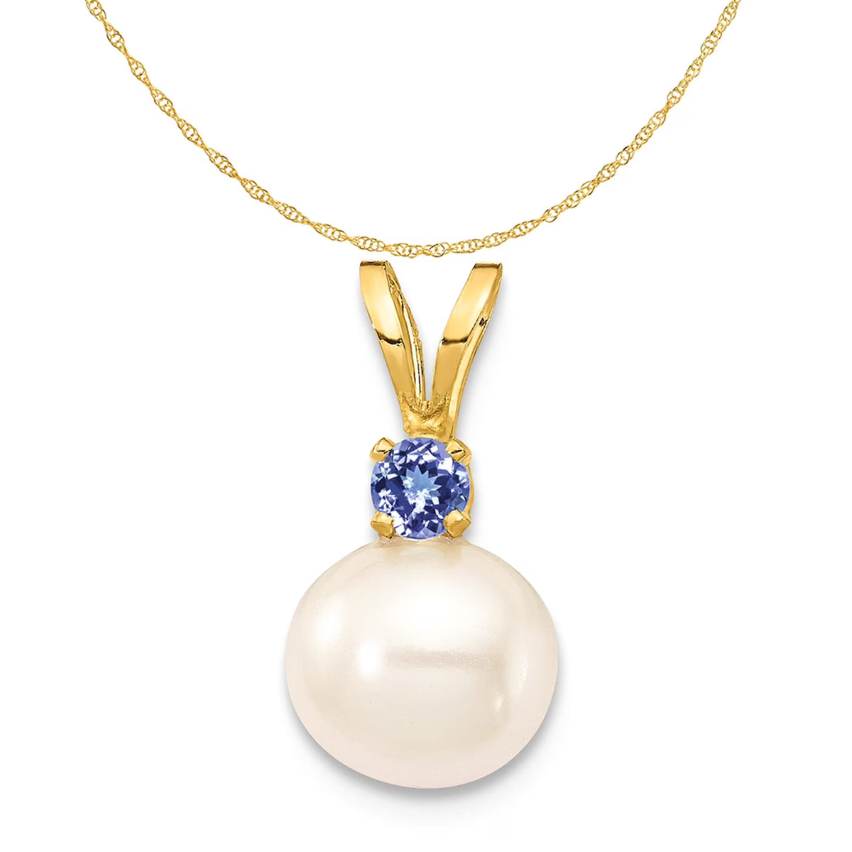 14K Yellow Gold Fresh-Water-Cultured Pearl Tanzanite Pendant Charm with Rope Chain Necklace 16'' P3996