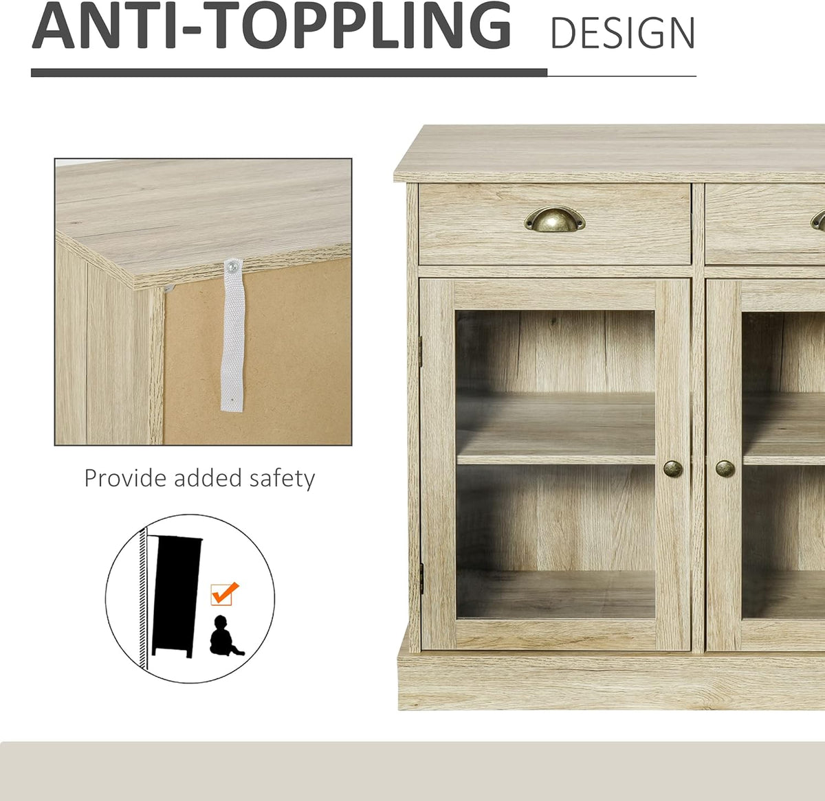 Rustic Oak Sideboard Storage Cabinet with 2 Glass Doors and 2 Drawers T737