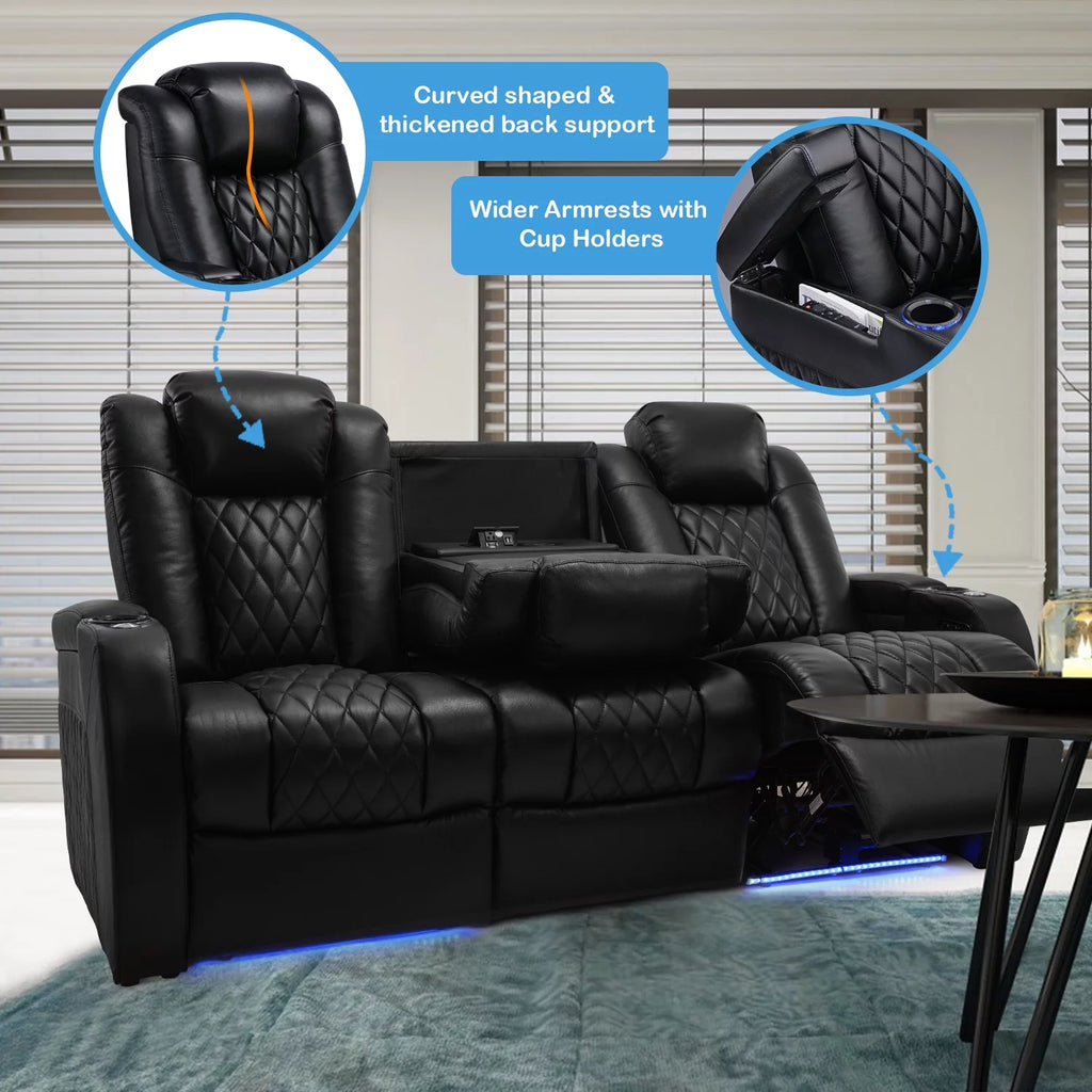 Top Grain Leather Recliner Chair Row of 3 Black S639