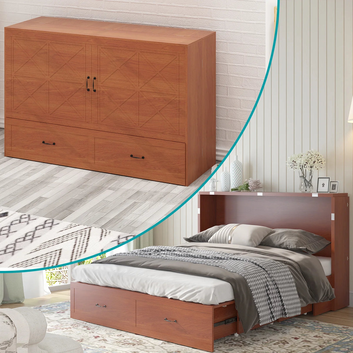 Queen Murphy Bed Cabinet with Charging Station and Memory Foam Mattress X542