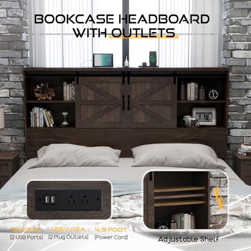 King Size Wood Platform Bed Frame with Bookcase Headboard and 2 Drawers F362
