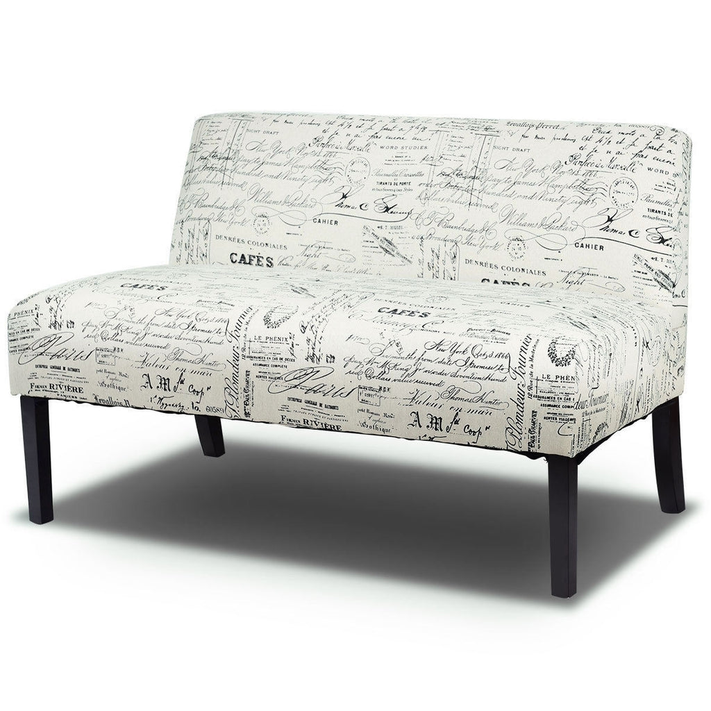 Off-White Cursive Pattern Loveseat Sofa with Black Wood Legs H43377
