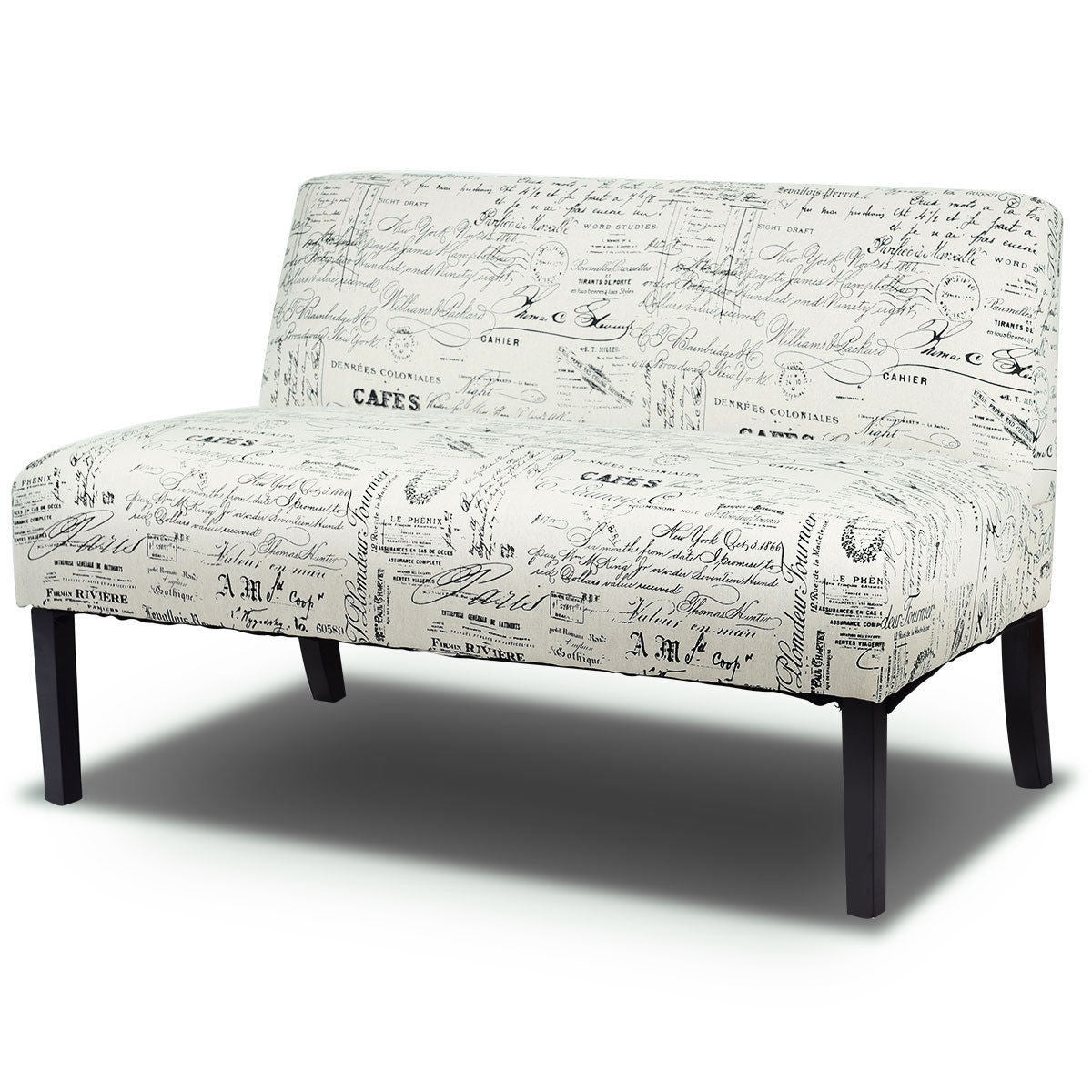 Off-White Cursive Pattern Loveseat Sofa with Black Wood Legs H43377