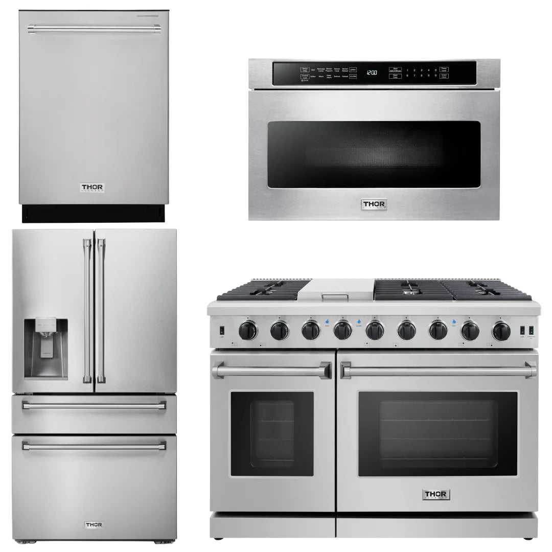 48 Gas Range, Dishwasher, Refrigerator with Water and Ice Dispenser, Microwave A614352