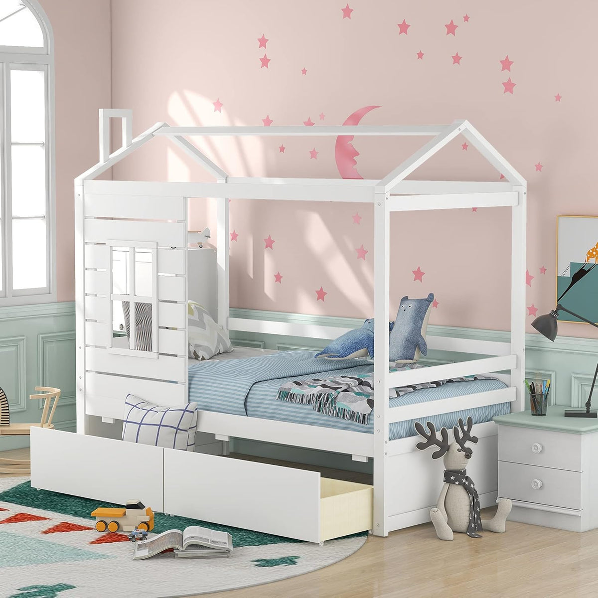White Twin House Shape Wooden Floor Bed with Trundle O243352