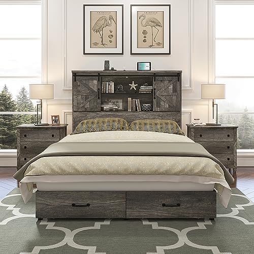 King Size Wood Platform Bed Frame with Bookcase Headboard and 2 Drawers F362