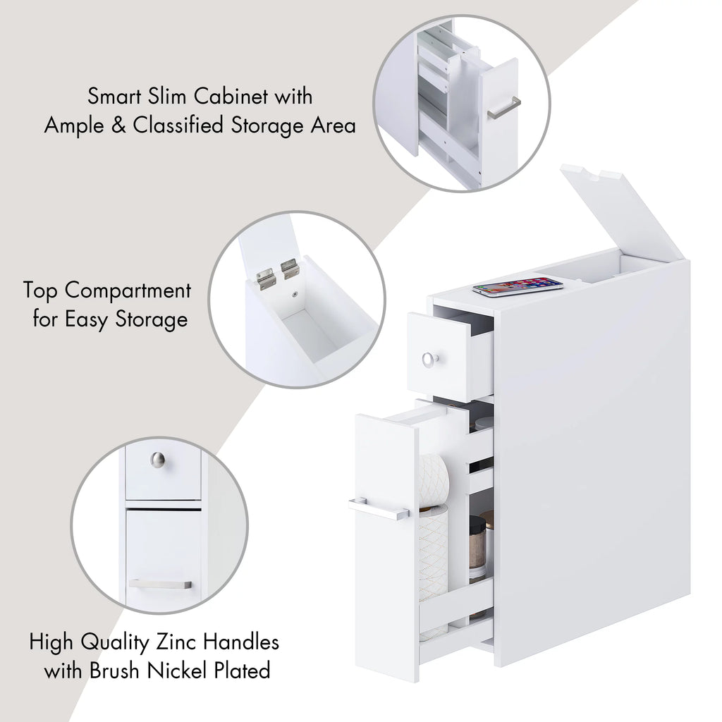 Slim White Bathroom Storage Cabinet with Slide Out Drawer W86925