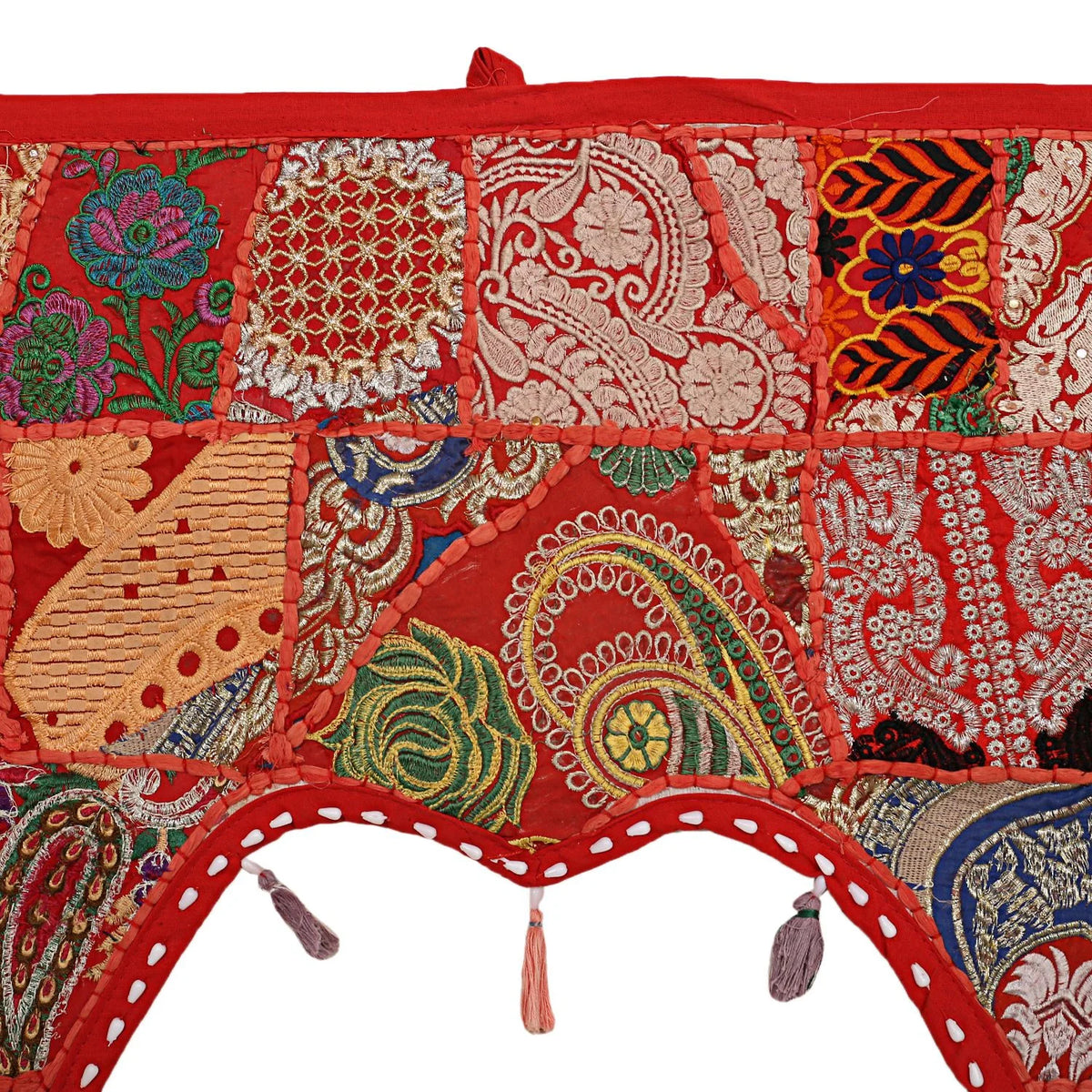 Indian Cotton Embroidered Patch Work Floral Swag Curtain Topper, 45 x 41 Inches O6834