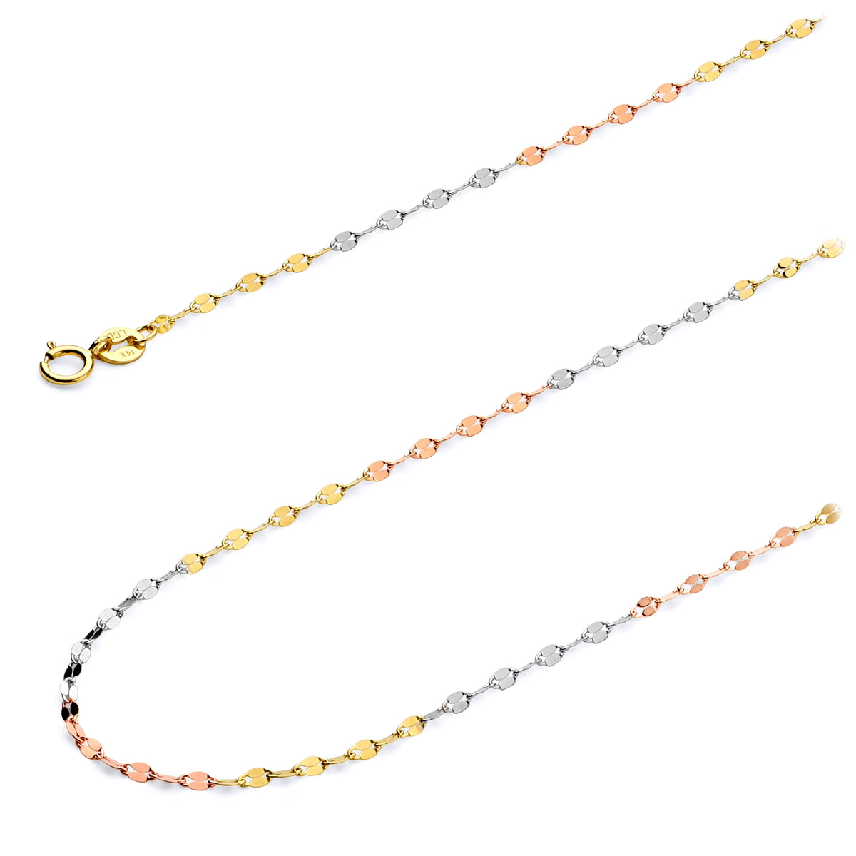 14k Tri 3 Color Gold Polished Solid 1.7mm Twisted Mirror Chain Necklace with Spring Ring Clasp - 20" L495489
